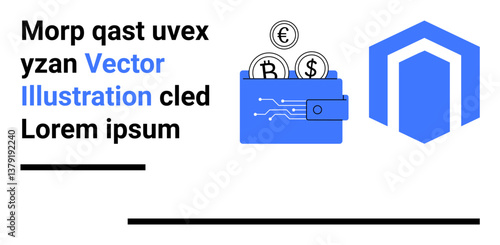 Wallet emitting tech circuits with coins in Bitcoin, Euro, and Dollar symbols. Ideal for fintech, cryptocurrency, blockchain, technology, digital assets, finance simple landing page