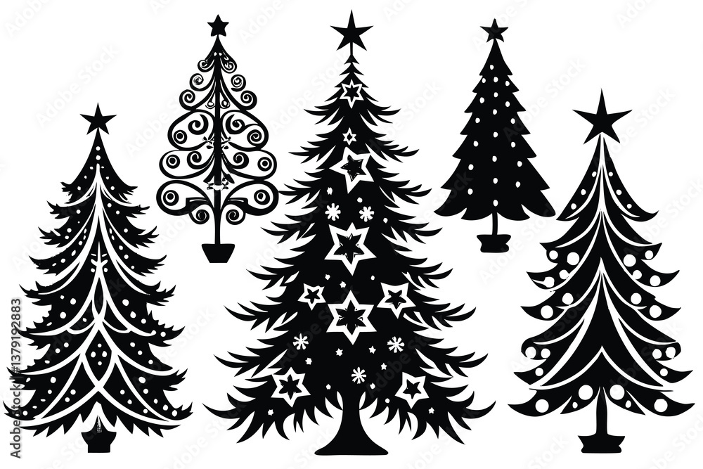 Obraz premium Christmas Tree Vector Shape Set Pine Tree Silhouettes with Stars Monochrome Icons