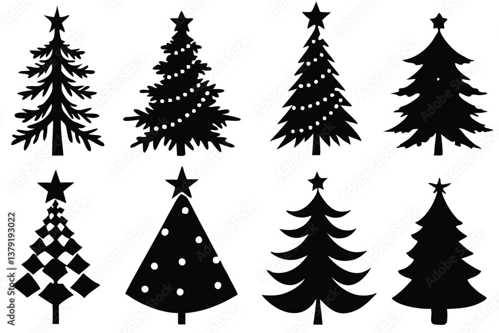 Obraz premium Christmas Tree Vector Shape Set Pine Tree Silhouettes with Stars Monochrome Icons
