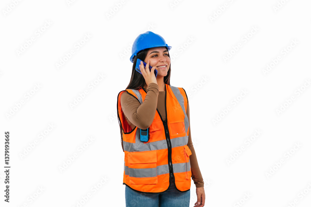 Smiling female engineer talking on smartphone wearing safety helmet and vest Smiling female engineer talking on smartphone wearing safety helmet and vest