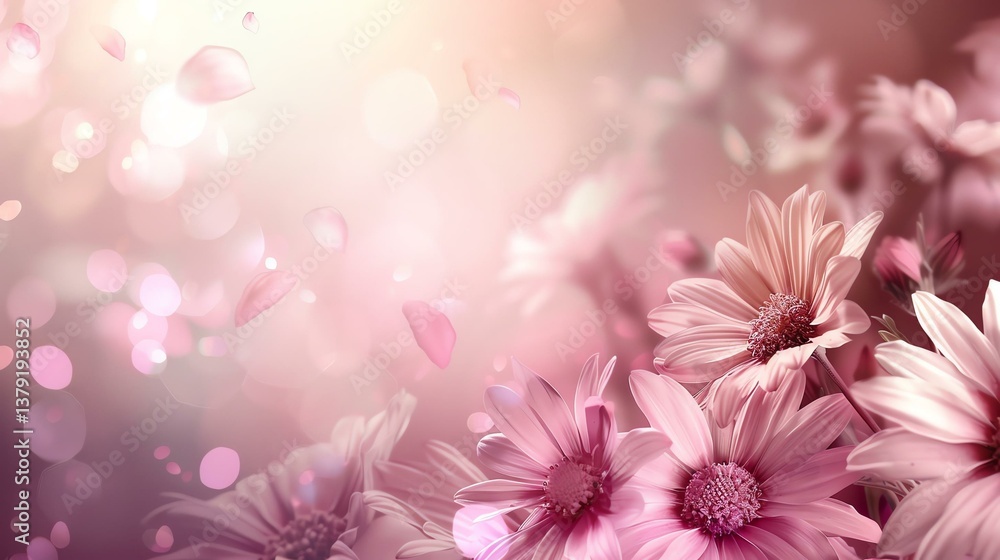 Obraz premium A soft and dreamy backdrop featuring delicate flowers in shades of pink, blurred lights, and gentle petals floating, creating a serene floral atmosphere.