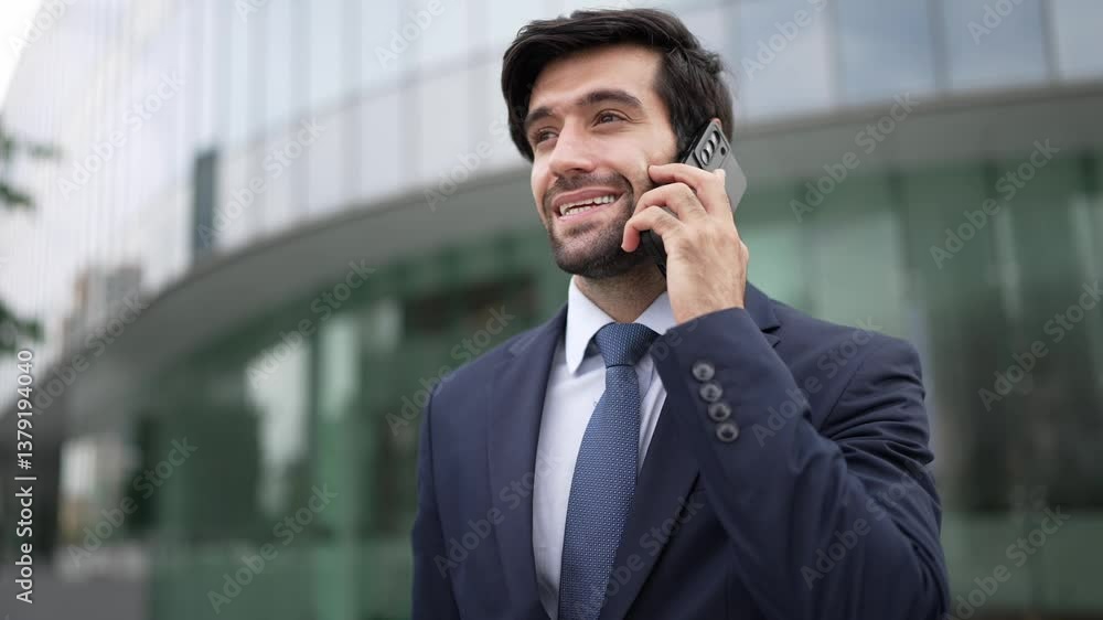 Smiling handsome business man looking at time and walking up stair at park while calling manager about startup project business idea. Investor talking to colleague while going to work. Exultant. Smiling handsome business man looking at time and walking up stair at park while calling manager about startup project business idea. Investor talking to colleague while going to work. Exultant.
