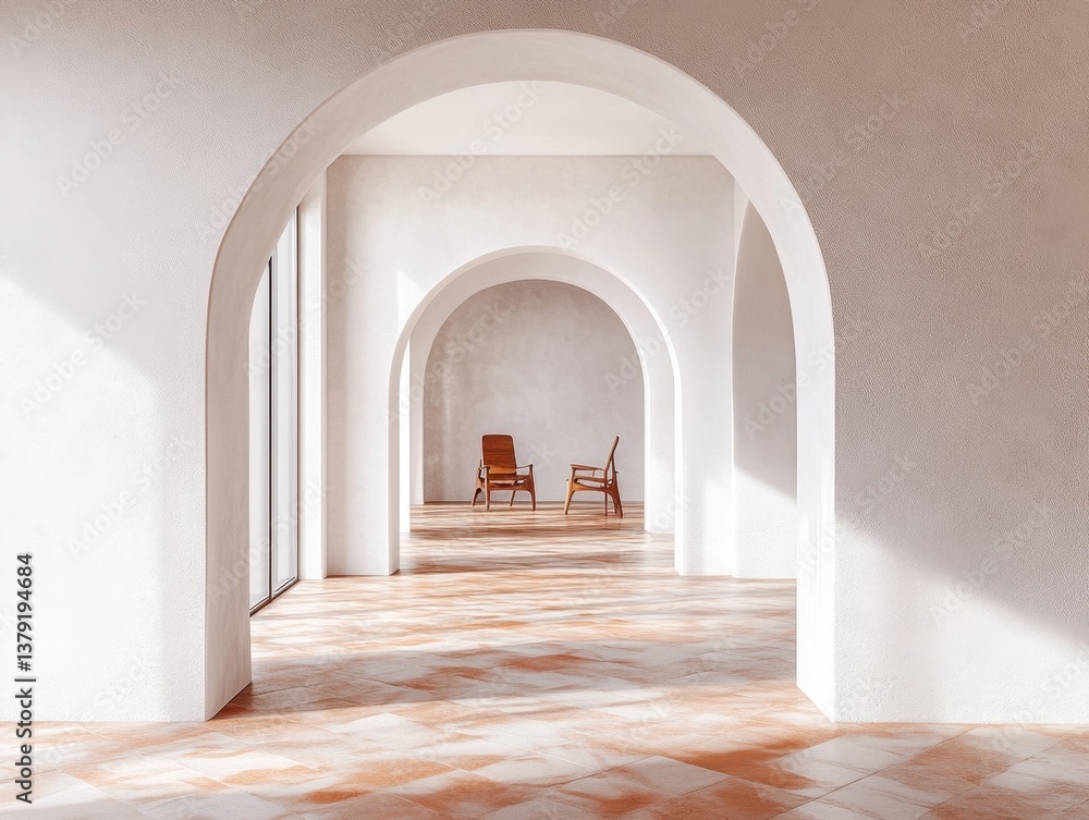 Fototapeta premium A long, narrow hallway with a white archway leading to a room. The archway is decorated with a few windows, and there are two chairs placed in front of it