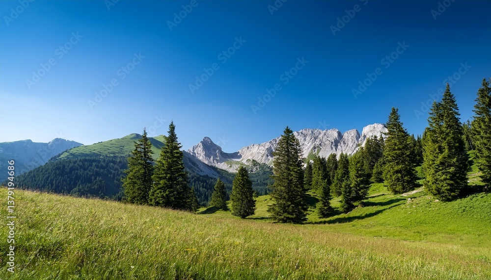 Fototapeta premium alpine meadow with pine trees and mountains under a clear blue sky