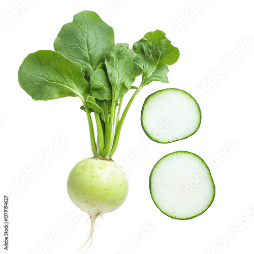 Fresh white radish with green leaves and cross-section slices on a transparent background