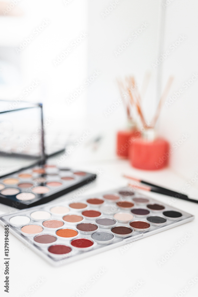 eyeshadow palettes with nude tones on vanity table with mirror, shot at shallow depth of field, beauty and make-up eyeshadow palettes with nude tones on vanity table with mirror, shot at shallow depth of field, beauty and make-up