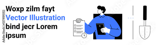 Man holding a clipboard and tablet, checklist highlighted. Gardening trowel shown separately. Ideal for productivity, organization, gardening, teamwork, analysis, workflow planning simple landing