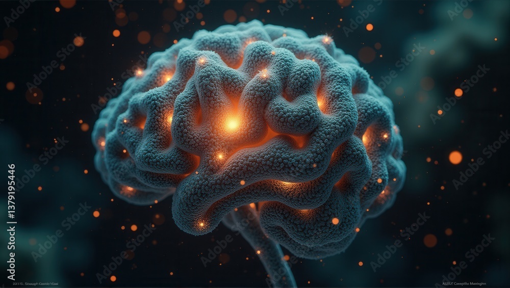 Fototapeta premium A close-up view of a highly detailed, glowing brain surrounded by bright, electric energy flowing out, representing neural activity and the power of the mind. Generative, AI,
