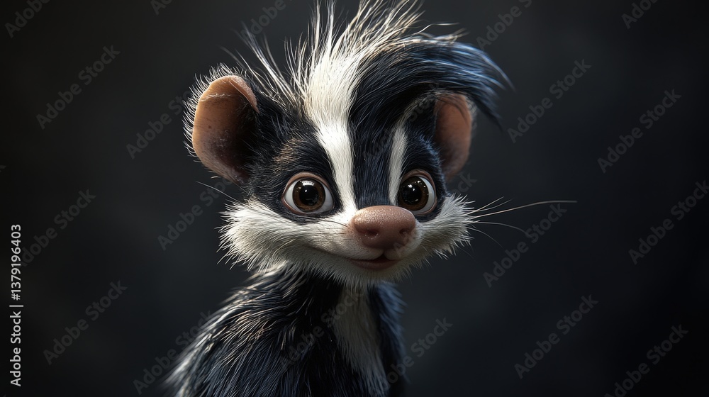Striking skunk portrait. Bold black and white fur, wide eyes, and a curious gaze create a captivating, slightly mysterious close-up Striking skunk portrait. Bold black and white fur, wide eyes, and a curious gaze create a captivating, slightly mysterious close-up