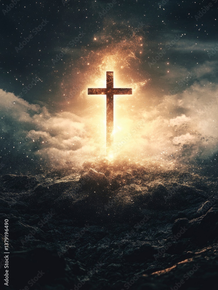 Glowing Cross Rising in a Starry Sky of Hope and Faith Glowing Cross Rising in a Starry Sky of Hope and Faith