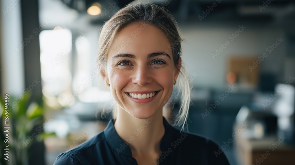 Smiling woman in a modern workspace with natural lighting. Smiling woman in a modern workspace with natural lighting.