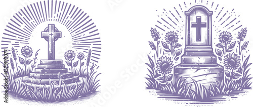 Set of Engraving Tombstone with Cross Surrounded by Sunflowers & Grass – Memorial Art Designs gravestone, vintage, illustration, sunflowers, grass, nature, field, yellow, floral, summer, countryside