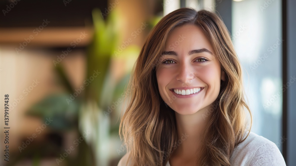 Fototapeta premium Smiling woman with long hair in a bright, modern setting.