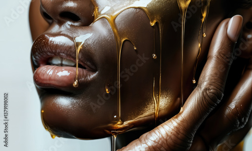 AI generated striking beauty concept featuring dark skin with golden honey dripping, highlighting contrast, radiance, and skin care.