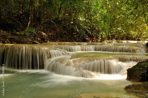 Serene Cascading Waterfall in Erawan Waterfalls, Thailand