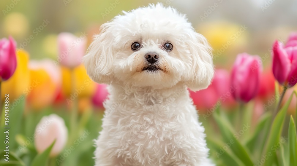 White fluffy dog surrounded by spring tulips
White fluffy dog surrounded by spring tulips