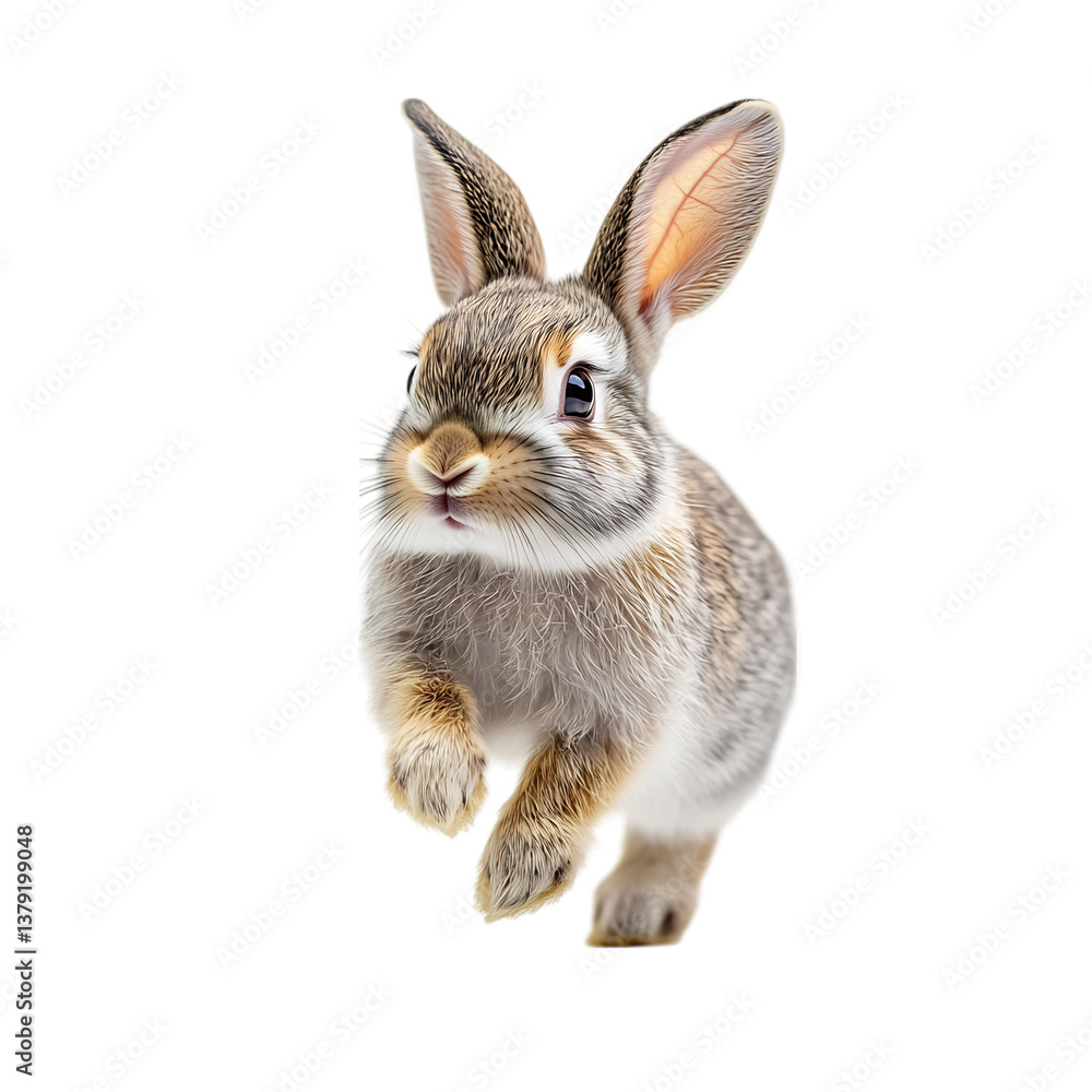 Fototapeta premium Playful Rabbit Hopping with Long Ears and Fluffy Tail Isolated on Transparent Background