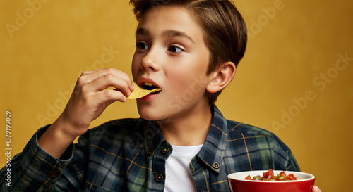 Caucasian young male enjoying tortilla chips and salsa snack