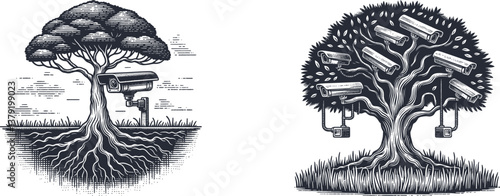 Set of Engraving Tree with Security Cameras Hidden Under Grass – Surreal Surveillance Art Designs  antique, woodcut, set, vector, print, clip, etching, ink, isolated, tattoo, drawing, 