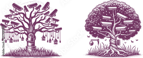 Set of Engraving Tree with Security Cameras Hidden Under Grass – Surreal Surveillance Art Designs surreal, tree, security, cameras, hidden, grass, surveillance, technology, covert, monitoring, camera