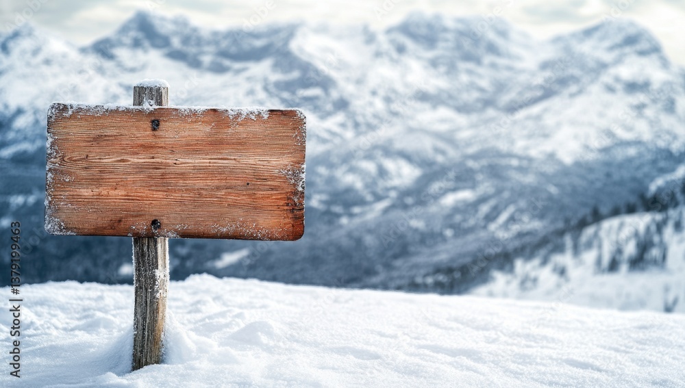 Naklejka premium Blank wooden sign in snowy mountain landscape