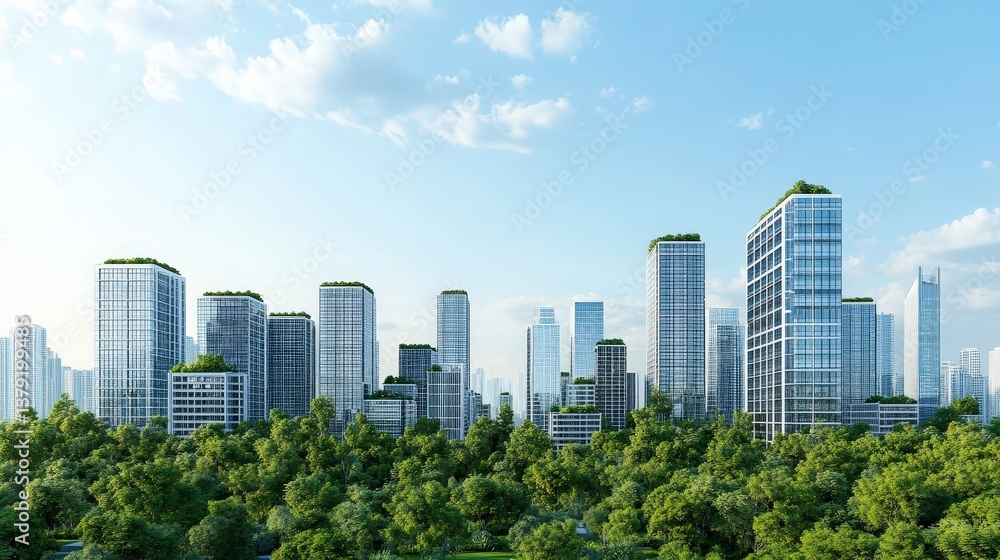 Urban skyline featuring modern skyscrapers amidst green trees under a blue sky. Urban skyline featuring modern skyscrapers amidst green trees under a blue sky.