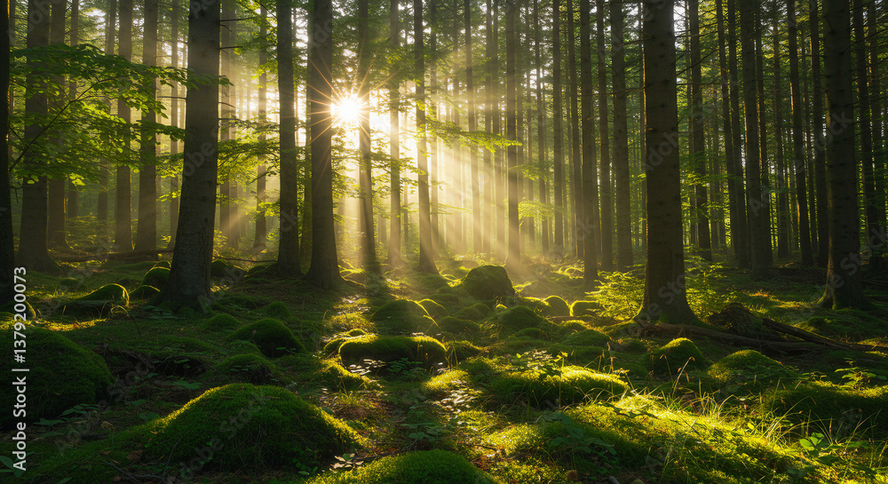 Fototapeta premium Dense forest with sun rays filtering through the trees