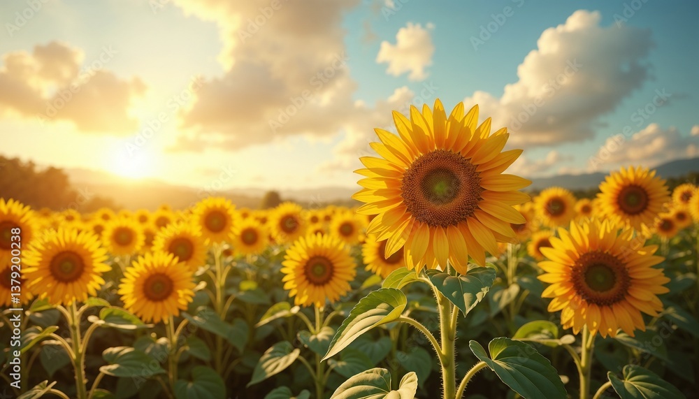 Vibrant sunflower field basking in golden sunlight with blue sky and fluffy clouds Vibrant sunflower field basking in golden sunlight with blue sky and fluffy clouds
