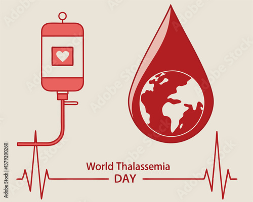 World Thalassemia Day: global awareness with blood bag, drop, and heartbeat.