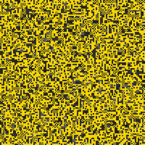 An abstract pattern with yellow, black, and gray geometric shapes, creating a pixelated or fragmented effect.
