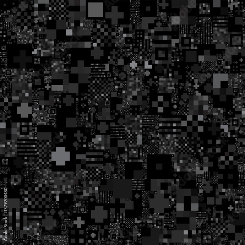 An abstract pattern with gray and black geometric shapes, creating a pixelated or fragmented effect.
