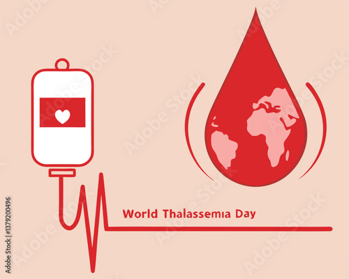 World Thalassemia Day: global awareness with blood bag, drop, and heartbeat.