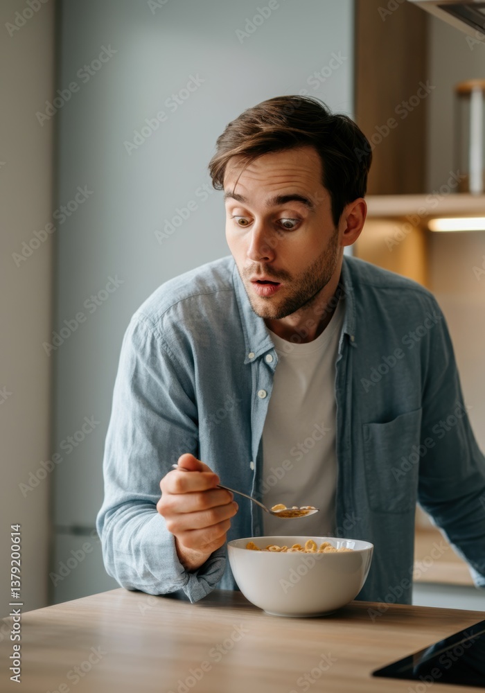 Surprised young caucasian male eating cereal in kitchen Surprised young caucasian male eating cereal in kitchen