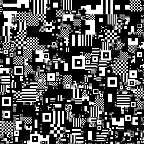 An abstract pattern with black and white geometric shapes, creating a fragmented or pixelated effect.