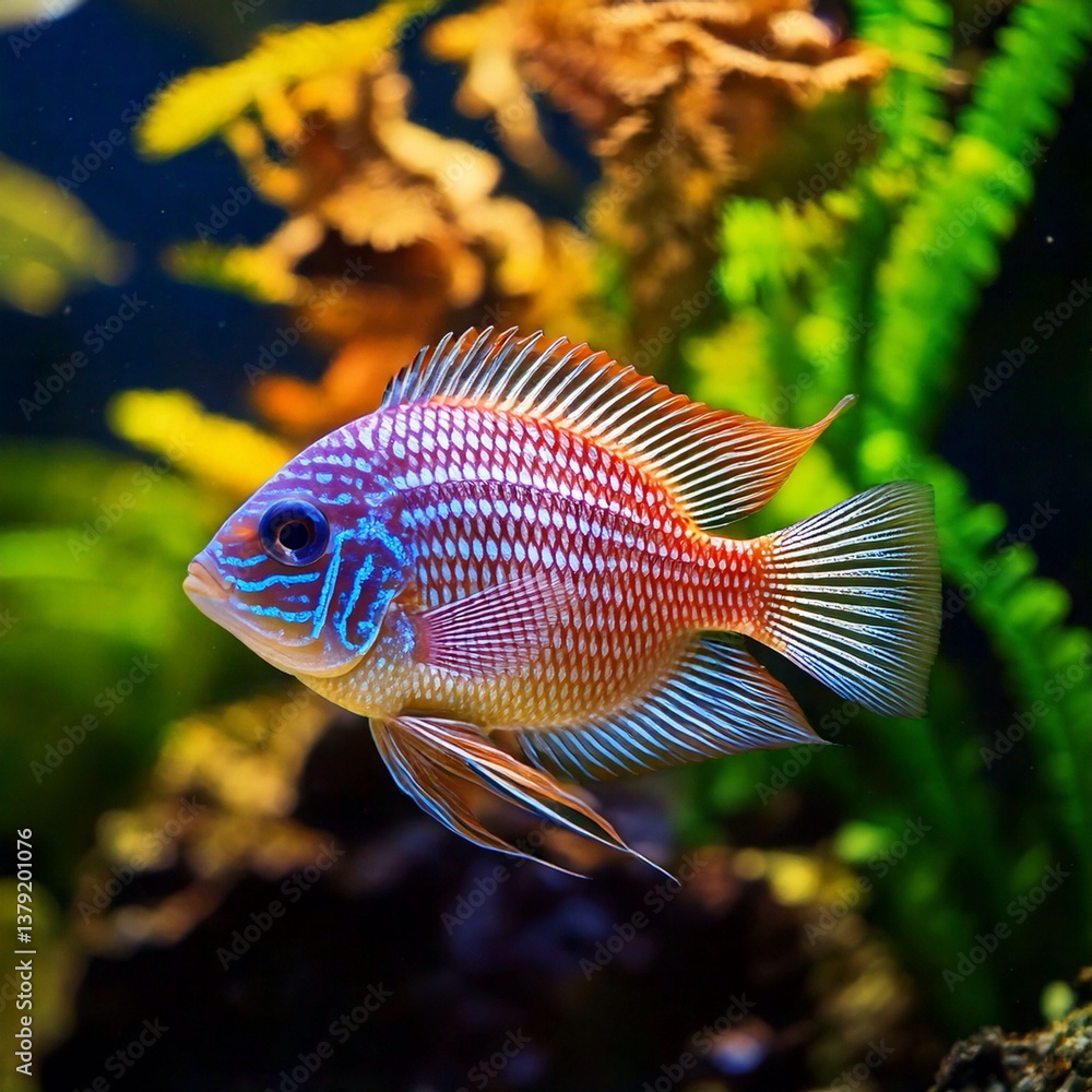 tropical Mikrogeophagus ramirezi fish in aquarium with plants