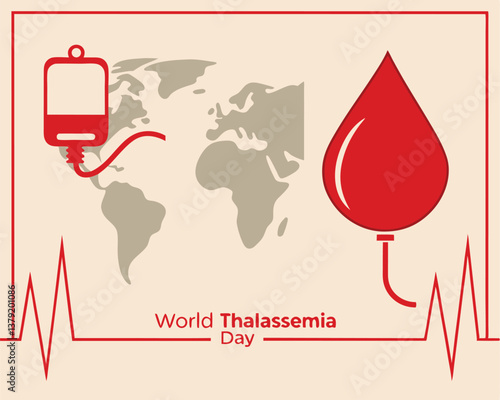 World Thalassemia Day: global awareness with blood bag, drop, and heartbeat.