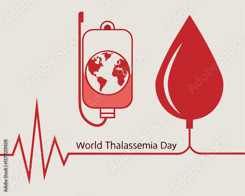 World Thalassemia Day: global awareness with blood bag, drop, and heartbeat.