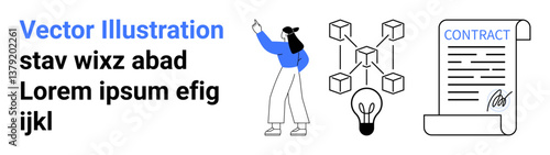 Wallpaper Mural Woman gesturing, blockchain network, light bulb, contract. Ideal for technology, blockchain, innovation, education, agreements creative presentations simple landing page Torontodigital.ca