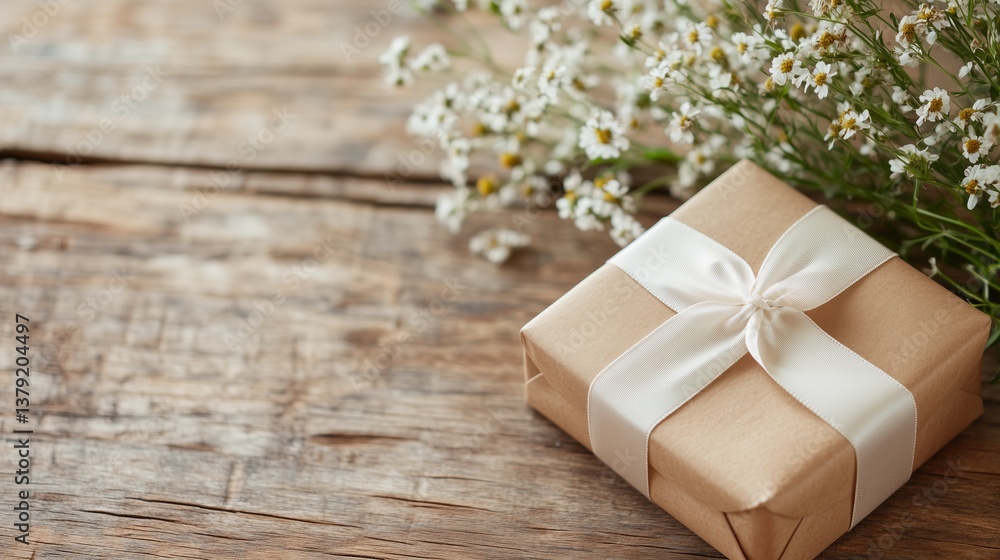 Fototapeta premium Gift box wrapped in brown paper placed next to a bouquet of white flowers on a rustic wooden table