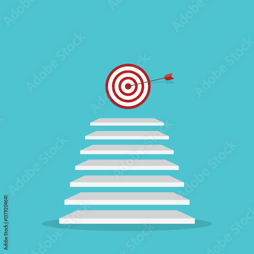 Goal, motivation to success. Climb up stairs to reach goal target on the top.	