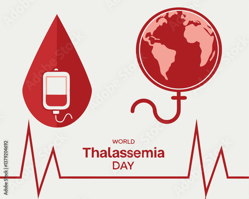 World Thalassemia Day: global awareness with blood bag, drop, and heartbeat.