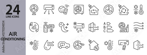 Air Conditioning line icons set with Temperature, Conditioner, Fan, Ventilation, Cooling, Heating and more. Editable Stroke