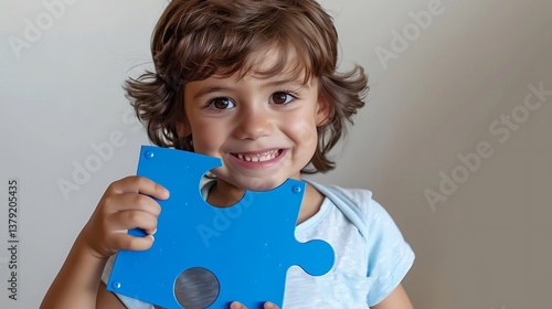 Smiling Child Holding Blue Puzzle Piece – Autism Awareness