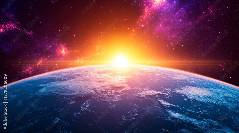 Earthrise Majestic Sunrise Over Planet Earth from Space with Nebulae Earthrise Majestic Sunrise Over Planet Earth from Space with Nebulae