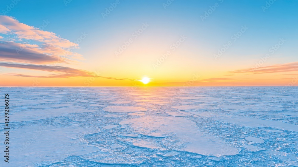 Vibrant sunrise over a frozen landscape, casting warm light on icy textures and a serene atmosphere. Vibrant sunrise over a frozen landscape, casting warm light on icy textures and a serene atmosphere.