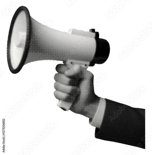 hand holding megaphone isolated in formal suit retro halftone effect vintage dotted collage element