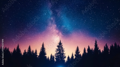 Starry night sky over a silhouette of evergreen trees, creating a serene and magical atmosphere.