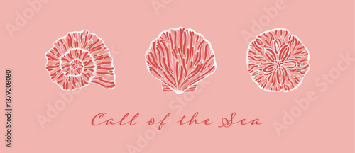 Stylized various shell design illustrations on pink background with Call of the Sea quote