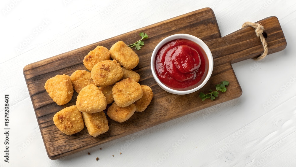 Naklejka premium Crispy Nuggets and Zesty Dip: A mouthwatering arrangement of golden, crispy chicken nuggets and a vibrant, zesty dipping sauce are artfully presented on a rustic wooden board.