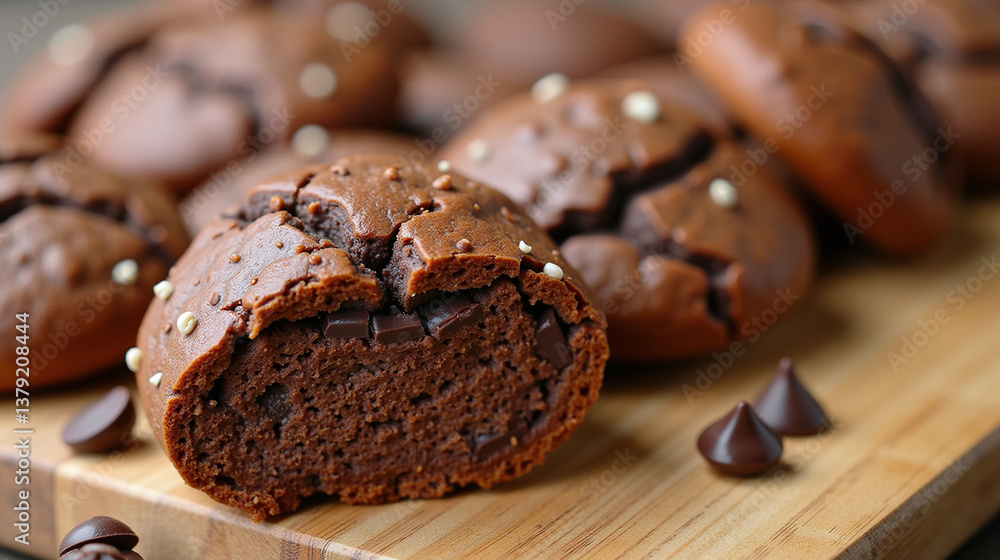 Group of freshly baked chocolate muffins on a wooden cutting board. Group of freshly baked chocolate muffins on a wooden cutting board.